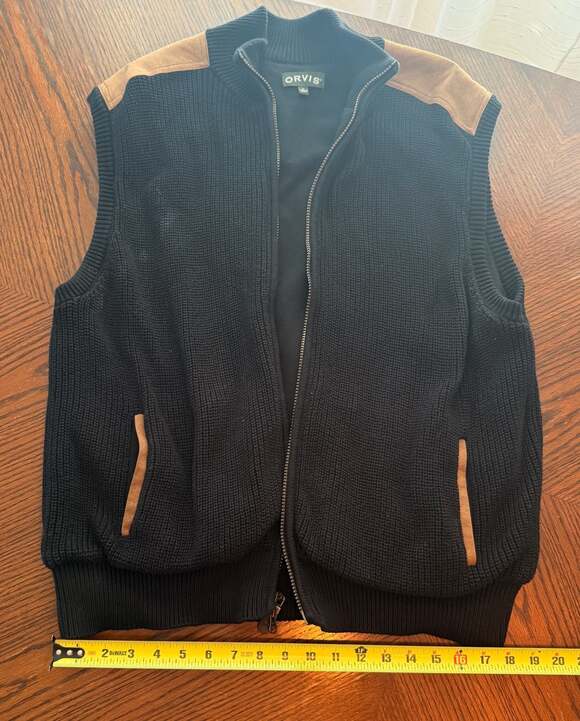 Orvis Mens XL Large Heavyweight Knit Full Zip Black Vest Suede Shoulder Patches - Picture 4 of 5